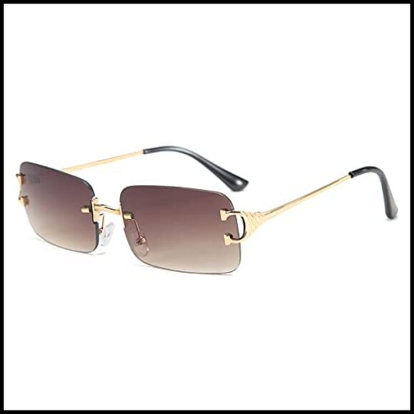 Retro Rimless Rectangular Sunglasses Golden Frames UV400 Protection Leather Case main image 4